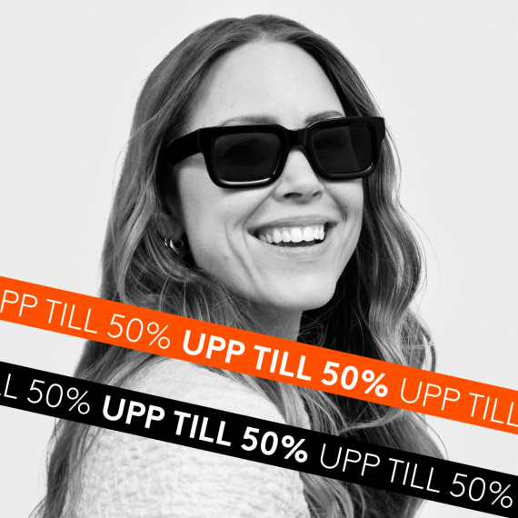 Kvinna med solglasögon och text upp till 50%